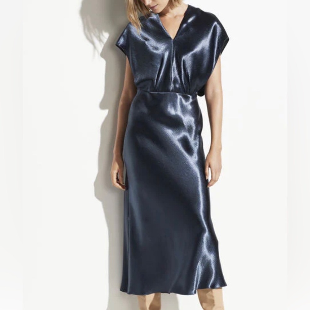 Vince Metallic Flutter Sleeve Midi Dress Blue Size 8